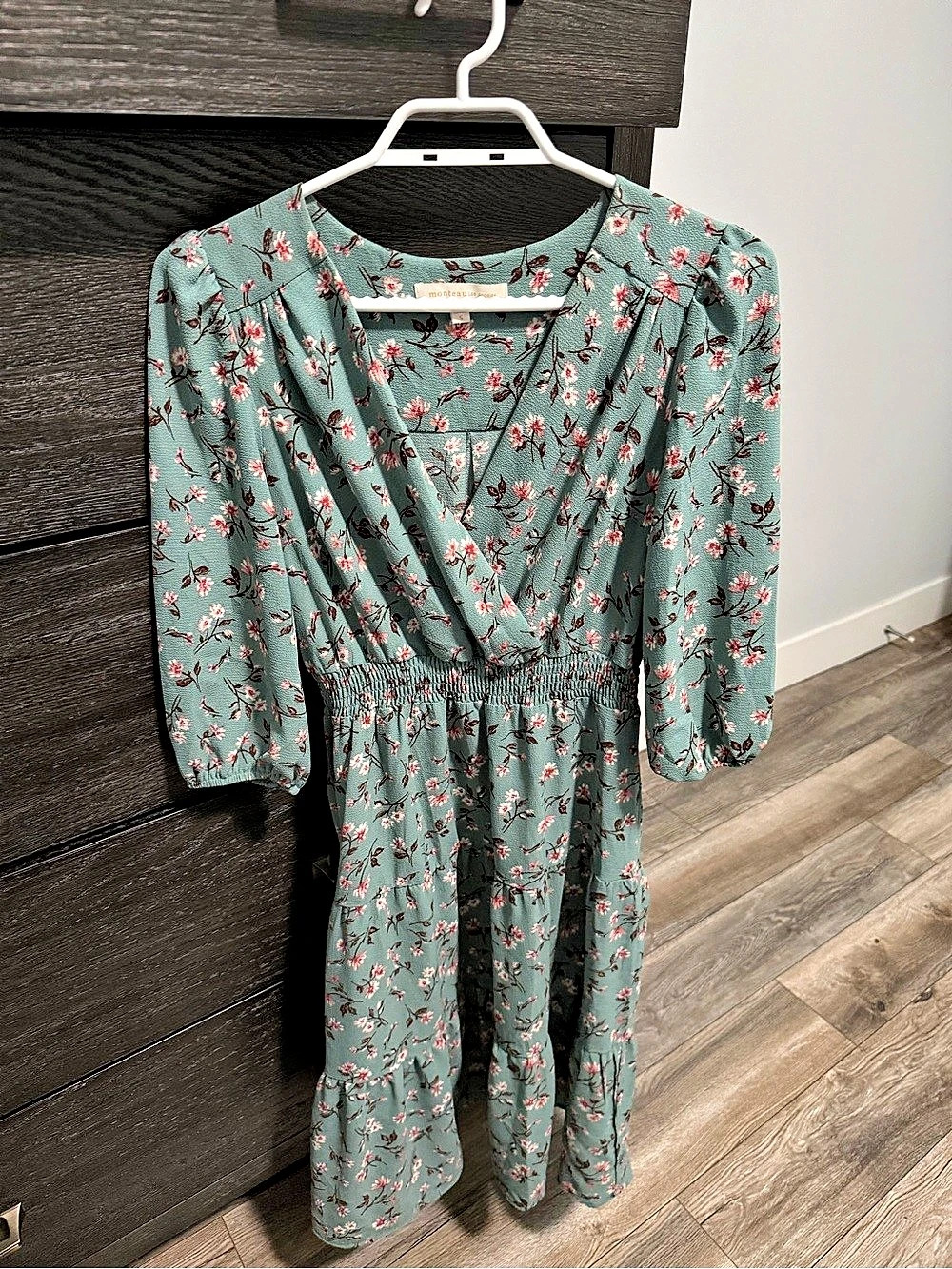 Monteau Los Angeles Floral Wrap Midi Dress Green & Pink